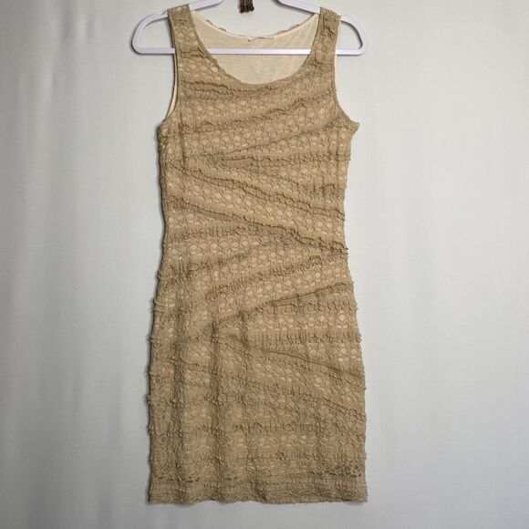 Mystree Tan Romantic Lace Bandage Sheath Tank Dress Scoop Neck Cocktail Size M - Picture 1 of 12